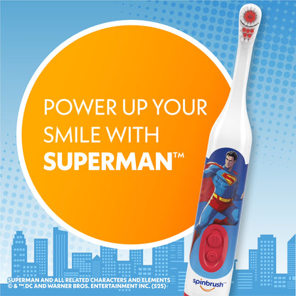 Superman Battery Powered Electric Toothbrush for Children Ages 3+ with AA Battery, Soft Head Bristles