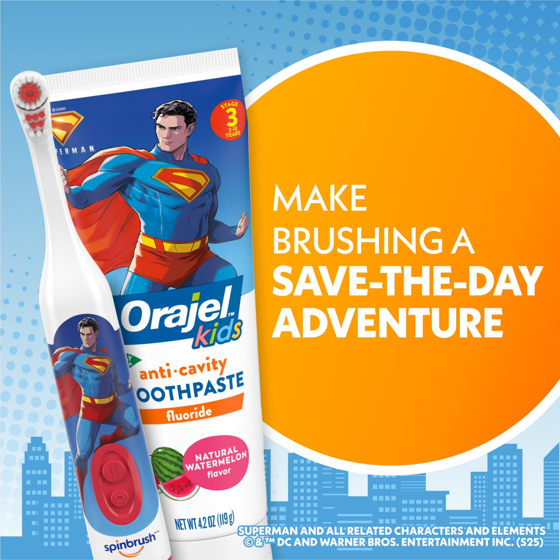 Superman Battery Powered Electric Toothbrush for Children Ages 3+ with AA Battery, Soft Head Bristles