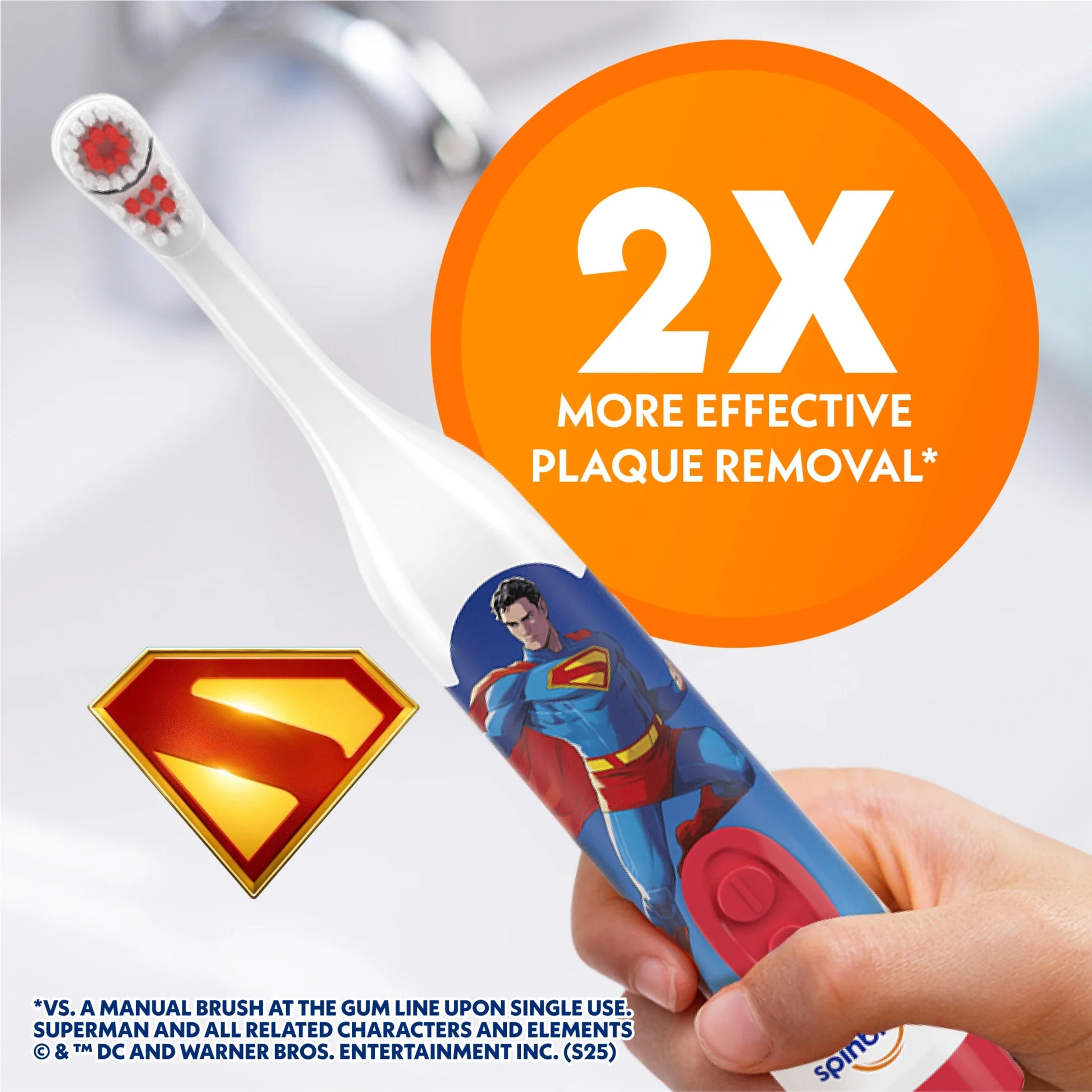 Superman Battery Powered Electric Toothbrush for Children Ages 3+ with AA Battery, Soft Head Bristles