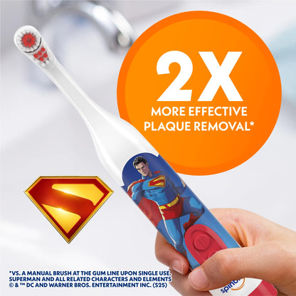 Superman Battery Powered Electric Toothbrush for Children Ages 3+ with AA Battery, Soft Head Bristles